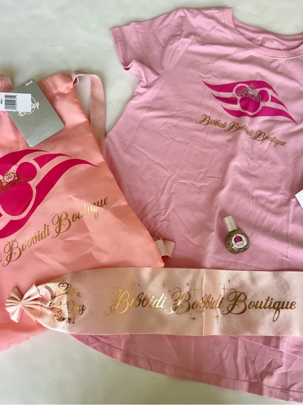 NWT Disney Cruise Bibbidi Bobbidi Boutique Princess Sash Backpack & Shirt XL